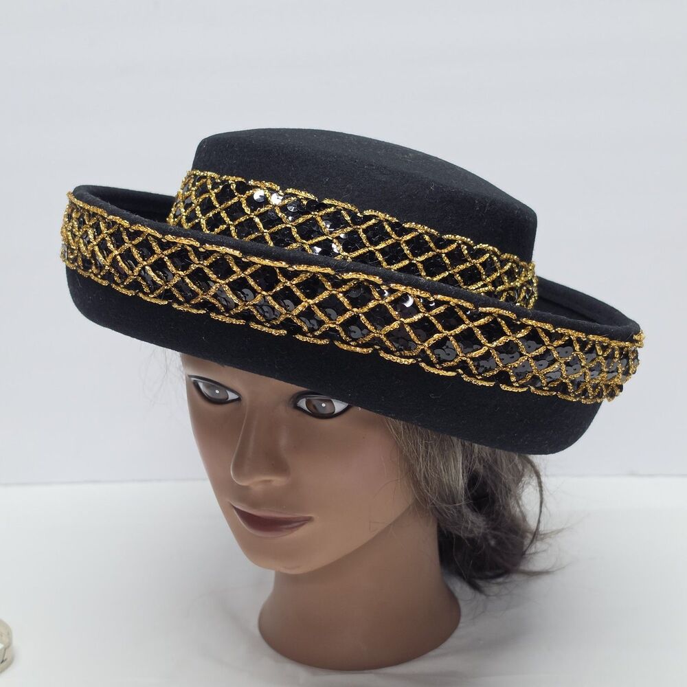 Vintage Doeskin Bollman Bolero Hat Black Wool Felt Sequins And Gold Accent USA